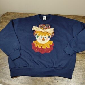 Jerzees Scarecrow Sweatshirt Large Vintage Blue Raffia Applique Fall Halloween